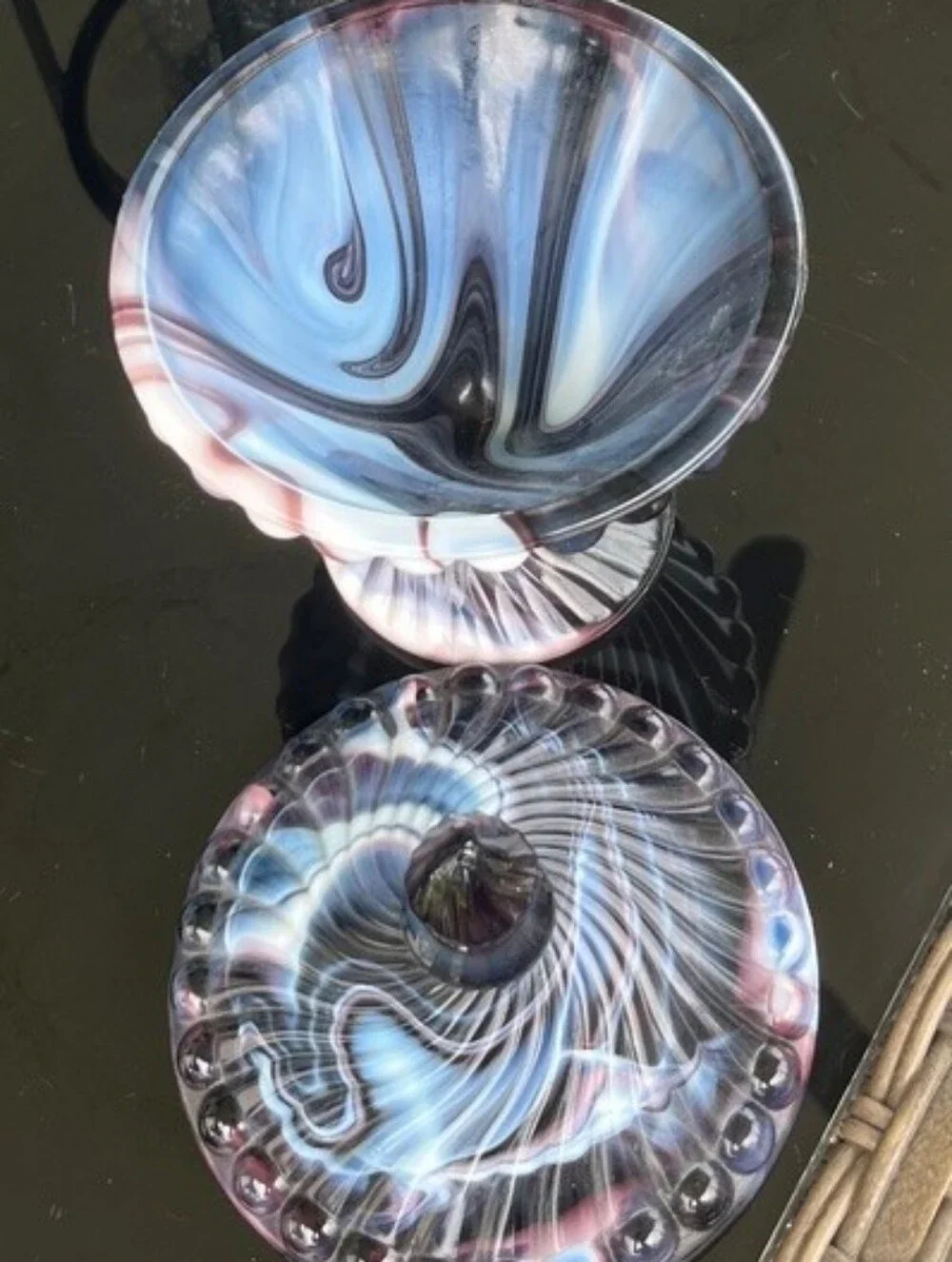 Westmoreland Swirl & Ball Purple & White Slag Glass Covered Candy Dish EUC